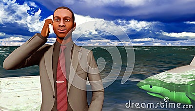 African businessman surrounded by sharks Stock Photo