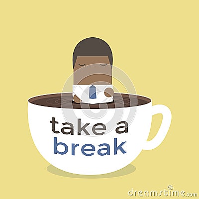 African businessman take a break in a coffee cup. Vector Illustration