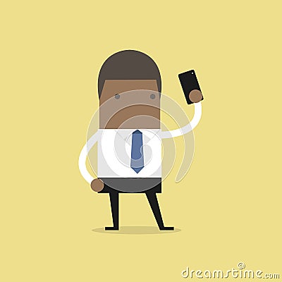 African businessman taking selfie using a mobile phone. Vector Illustration