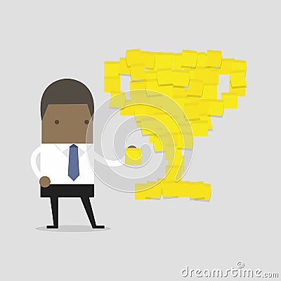 African businessman with trophy cup yellow sticky notes. Vector Illustration