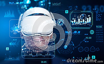 African businessman in vr glasses, forex diagrams with worldwide hud data Stock Photo