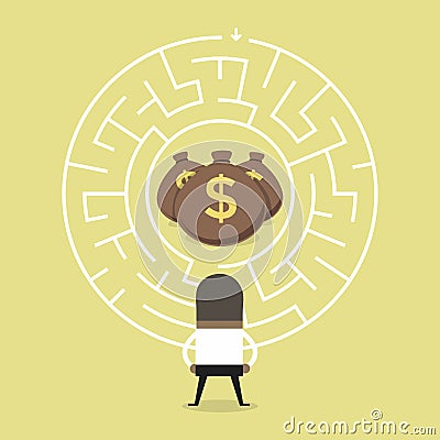 African businessman wanting to enter a money maze. Vector Illustration