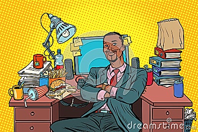 Pop art African businessman, workplace Vector Illustration