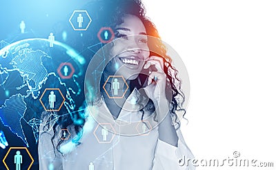 Black businesswoman talk on the phone, earth sphere and social n Stock Photo