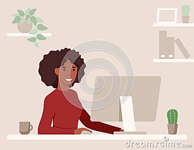 African busineswoman is working remotely and using the computer. Concept of freelance and remote occupation. Vector flat Vector Illustration