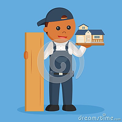 African carpenter with wood and miniature house Vector Illustration