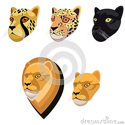 African cat portrait set made in unique simple cartoon style. Heads of cheetah, leopard or jaguar, black panther, lion Vector Illustration