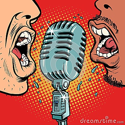 African and Caucasian people vintage retro microphone. Music standup concert radio podcast blog Vector Illustration