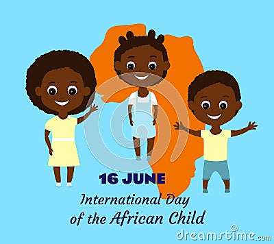 African children boy and girl smiling happily amid a map of the African continent, some waving hello. Poster for the International Vector Illustration