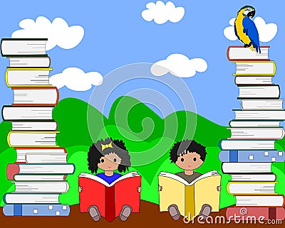 African children sitting among stacks of books and reading Stock Photo