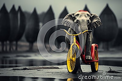 Young circus Elephant riding a bike in the clouds Stock Photo