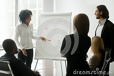 African coach or marketing manager gives presentation at team me Stock Photo