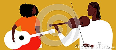 African couple musicians, black history month, flat vector stock illustration of how creativity of people with black skin, Cartoon Illustration