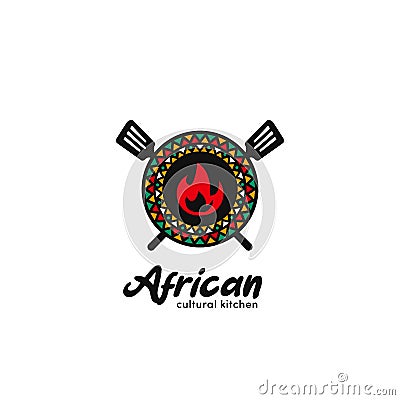 African cultural kitchen food and beverage restaurant logo with unique african traditional pattern badge emblem icon Vector Illustration