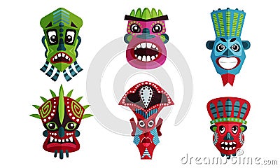 African Decorative Ancient Mask To Put On Face Vector Illustration Set. Vector Illustration
