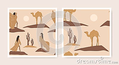 African desert seamless pattern set of asian girls, camel, cactus and moon icons. Oriental abstract texture in minimalistic style Vector Illustration