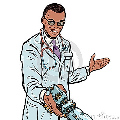 African doctor handshake robot, medicine and health care. Prosth Vector Illustration