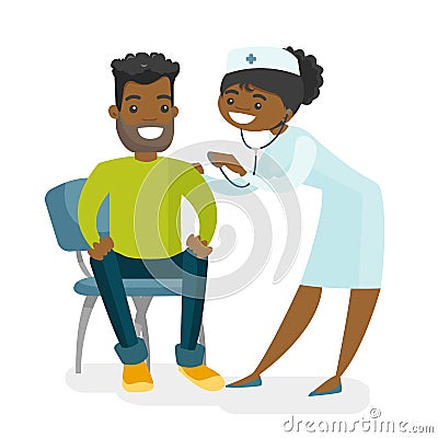 African doctor listening to the heart of patient. Vector Illustration