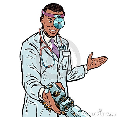 African doctor surgeon handshake. robot prosthesis Vector Illustration