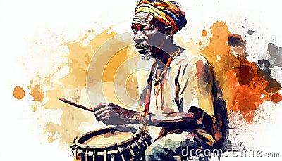 Portrait of an African drummer in watercolor style by Generative AI Stock Photo