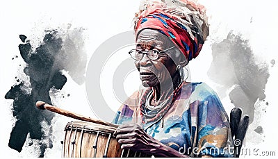 Portrait of an African drummer in watercolor style by Generative AI Stock Photo