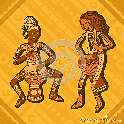 African drummers. Percussion players. Tribal music. Vector Illustration