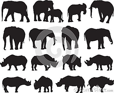 African elephant and Black rhinoceros silhouette contour Vector Illustration