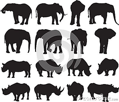 African elephant and Black rhinoceros silhouette contour Vector Illustration