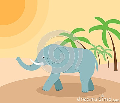 African elephant walks through the desert, a landscape of sultry day in the desert sand and palm trees. Vector Vector Illustration
