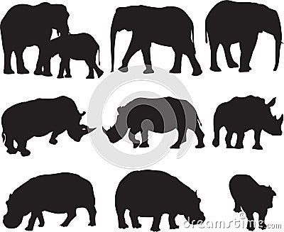 African elephant,white rhinoceros and hippo silhouette contour Vector Illustration