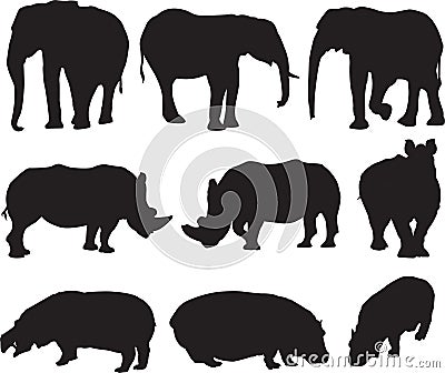 African elephant,white rhinoceros and hippo silhouette contour Vector Illustration