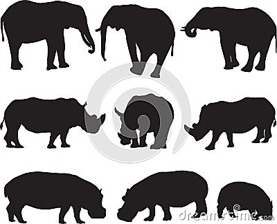 African elephant,white rhinoceros and hippo silhouette contour Vector Illustration