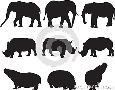 African elephant,white rhinoceros and hippo silhouette contour Vector Illustration