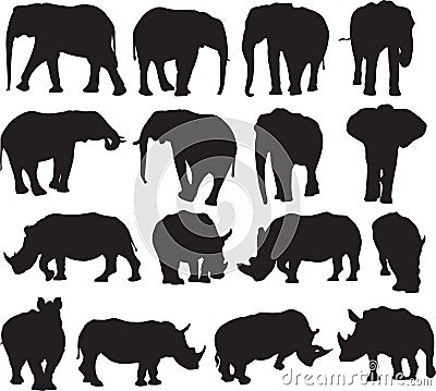 African elephant and white rhinoceros silhouette contour Vector Illustration