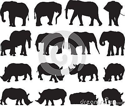 African elephant and white rhinoceros silhouette contour Vector Illustration