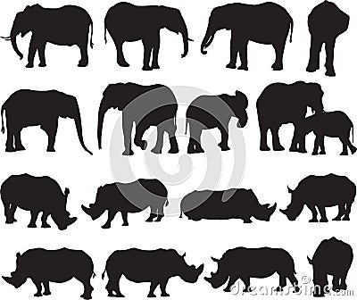 African elephant and white rhinoceros silhouette contour Vector Illustration