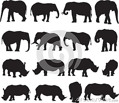 African elephant and white rhinoceros silhouette contour Vector Illustration