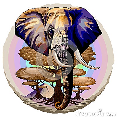 African Elephant, Acacias and Kilimanjaro Mountain on Soft Pastel Rainbow Round Background Vector Illustration Vector Illustration