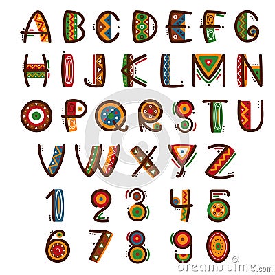 African ethnic primitive font. Hand drawn brightly safari vector alphabet Vector Illustration