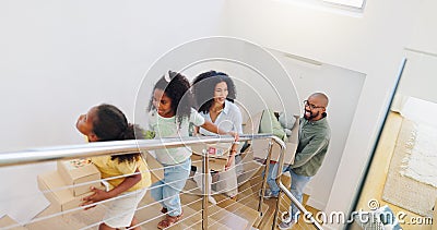 African family, children and boxes in new home, excited and helping on stairs with parents for fresh start. Father Stock Photo