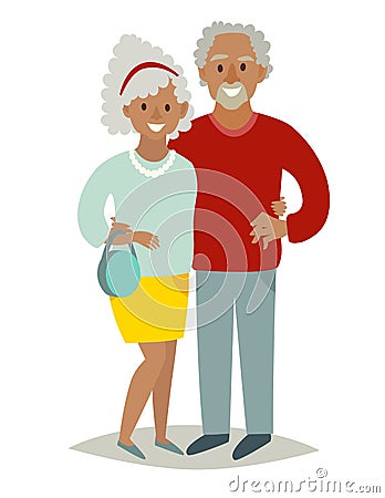 African family in love. Old african man and old african woman couple. Cartoon characters happy pensioner family. Vector Illustration