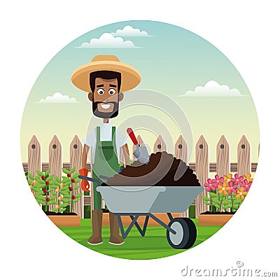 african farmer man straw hat wheelbarrow earth garden fence Cartoon Illustration