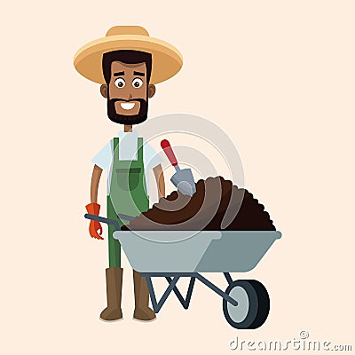 african farmer man straw hat wheelbarrow earth Cartoon Illustration