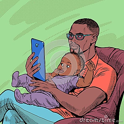 african Father and child, homework and fatherhood. Love and care Vector Illustration