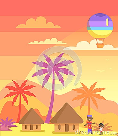 African Father with Son Outside and Balloon in Sky Vector Illustration