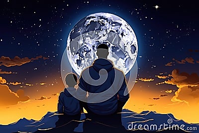 African Father And Son Sit In A Tracksuits On The Big Moon Background Stock Photo