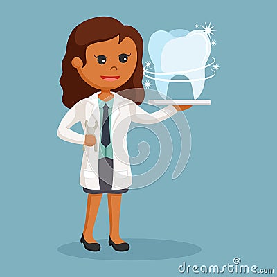 African female dentist with shiny tooth Vector Illustration