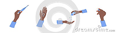 African female hands holding pills. Healthcare concept. Women drinking vegan vitamin capsules for immunity support and Vector Illustration