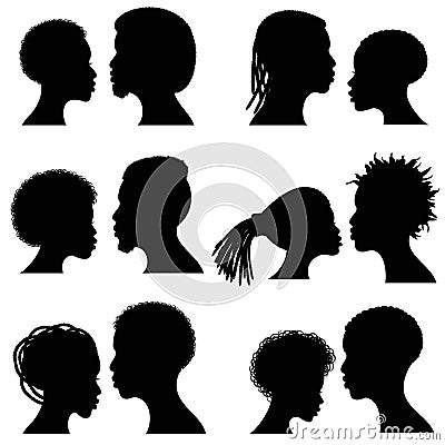 African female and male face vector silhouettes. Afro american couple portraits for wedding and romantic design Vector Illustration