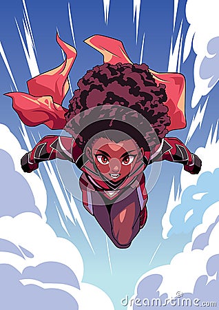 African Female Superhero Flying Anime Vector Illustration